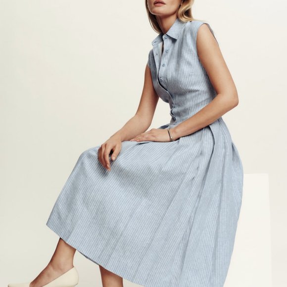 Reformation Prim Linen Dress Sz4 Blue/White Stripes - Picture 1 of 6